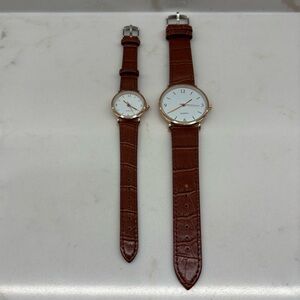 New Classic Brown Leather Strap His and Her’s Quartz Watches White Faces